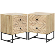 Set of 2 Two Drawer Bedside Tables with Zigzag Design for Bedroom Storage Natural