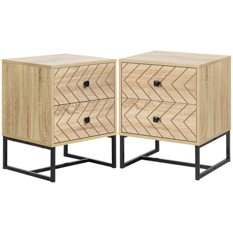 Set of 2 Two Drawer Bedside Tables with Zigzag Design for Bedroom Storage Natural