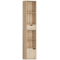 Tall Narrow 6 Tier Bookcase With Drawer And Door For Home Storage Natural Wood Finish AOSOM