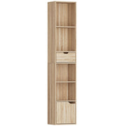 Tall Narrow 6 Tier Bookcase With Drawer And Door For Home Storage Natural Wood Finish AOSOM