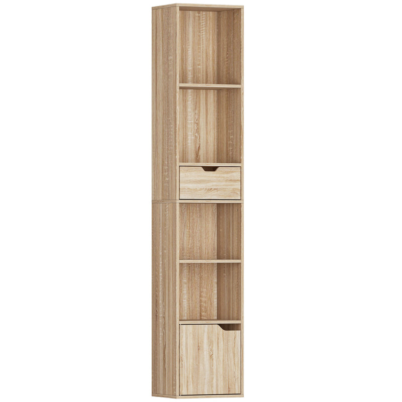Tall Narrow 6 Tier Bookcase With Drawer And Door For Home Storage Natural Wood Finish AOSOM