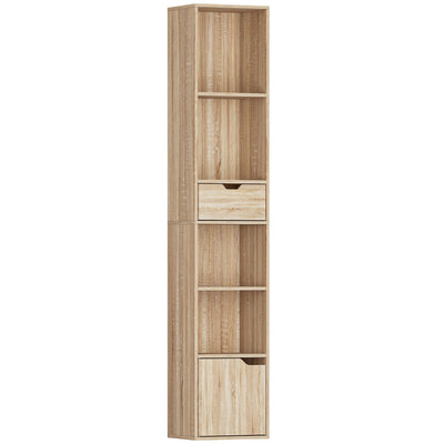 Tall Narrow 6 Tier Bookcase With Drawer And Door For Home Storage Natural Wood Finish AOSOM