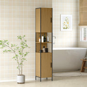Tall Bathroom Storage Cabinet with Doors Adjustable Shelves and Open Shelves, Natural Wood