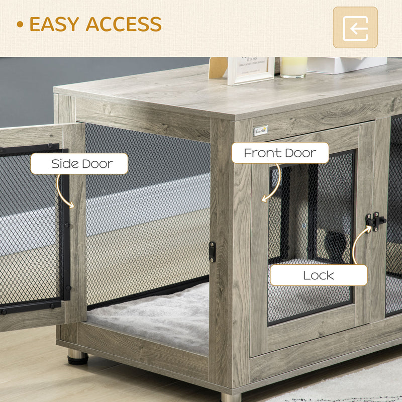 2 in 1 Dog Crate and Side Table with Cushion and Double Doors for Large Dogs Grey