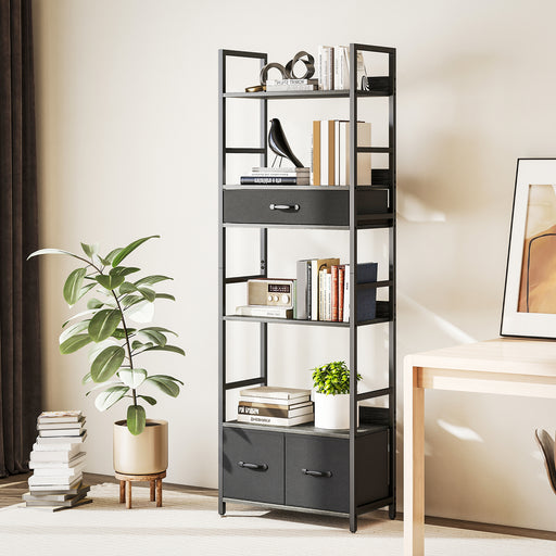6 Tier Industrial Bookshelf With Storage Drawers For Home Office Or Living Room Grey