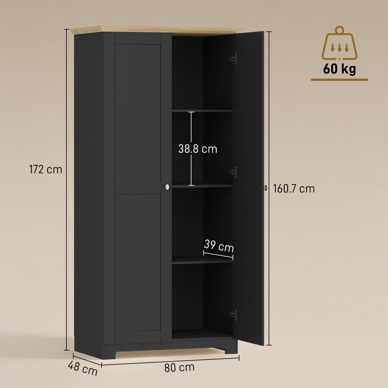 Tall Kitchen Storage Cabinet with 4 Shelves for Organised Worktops and Concealed Storage Black 80 x 48 x 172 cm Homcom