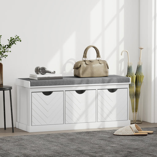 Shoe Storage Bench with Padded Seat and Three Drawers for Hallway Entryway White