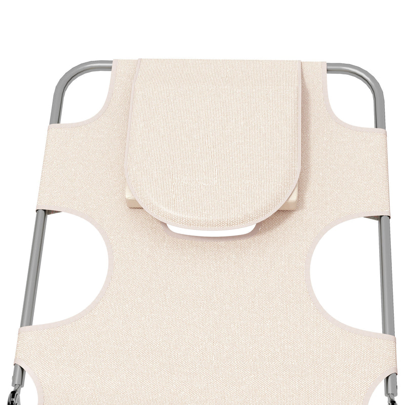 Set of 2 Foldable Sun Loungers with Reading Hole and Adjustable Backrest for Garden Beige AOSOM