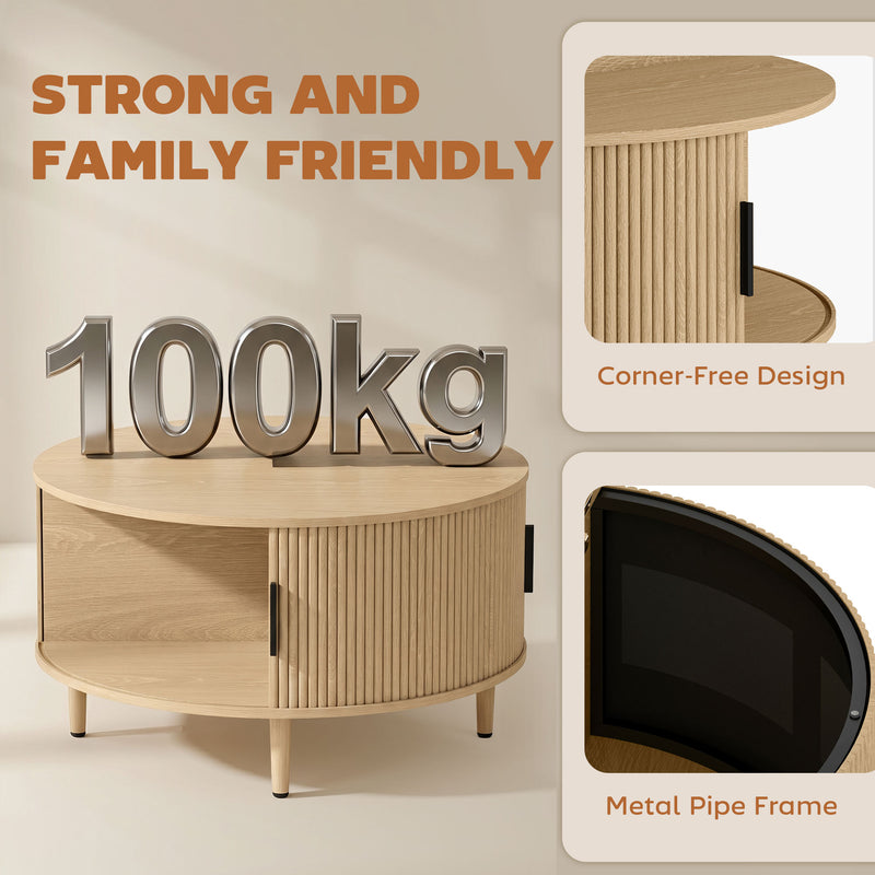 Round Coffee Table With Hidden Storage for Safer Clutter-Free Living Room Natural Wood
