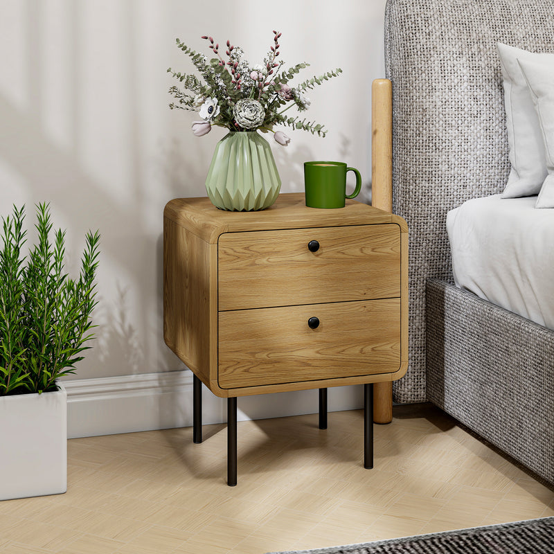 Bedside Table with Two Drawers and Steel Legs for Bedroom Storage Oak