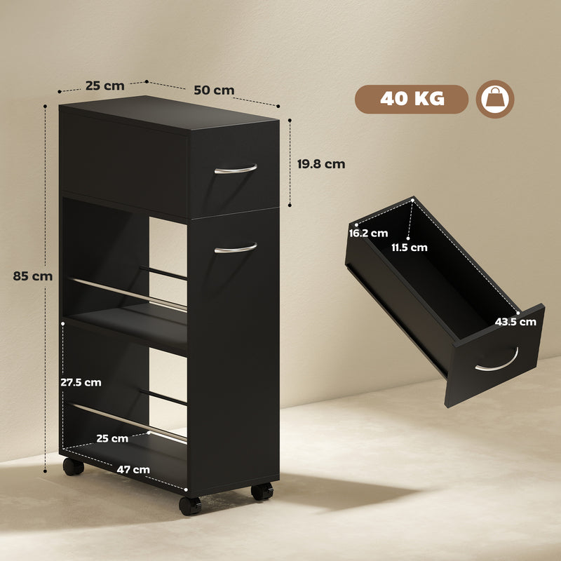 Slim Kitchen Storage Trolley with Drawer and Shelves for Narrow Spaces Black