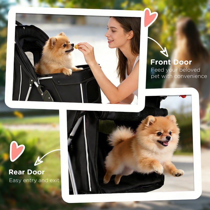 Foldable Pet Stroller With 360 Degree Swivel Wheels And Reflective Strips, Black