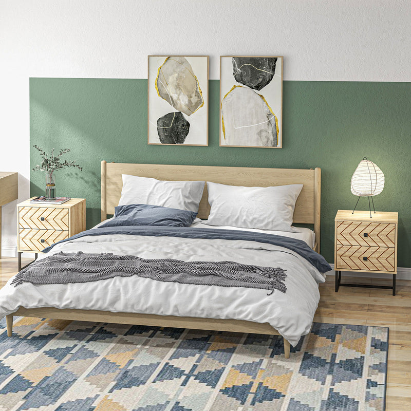 Set of 2 Two Drawer Bedside Tables with Zigzag Design for Bedroom Storage Natural