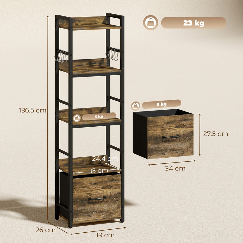 Slim Bookshelf with Drawer and Hooks for Small Spaces and Corners Rustic Brown AOSOM