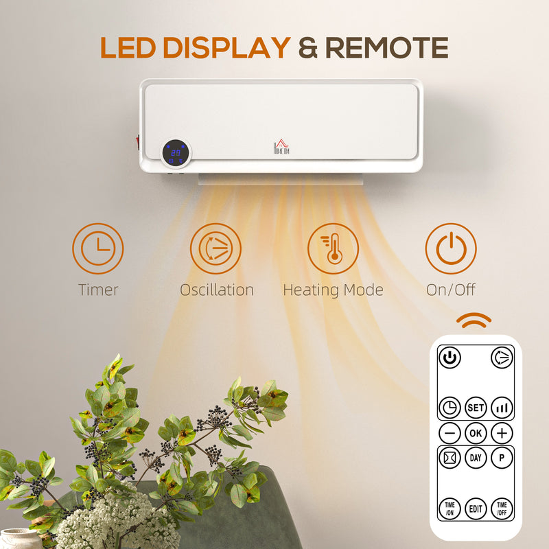 Wall Mounted Electric Heater with Timer and Remote Ideal for Home or Office Use White