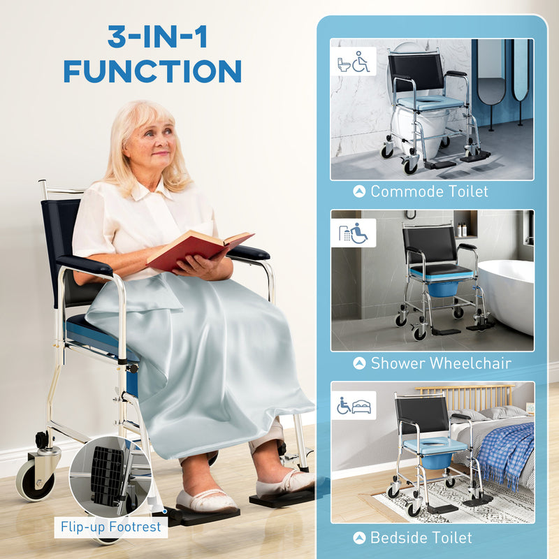 Rolling Shower Commode Chair with Wheels Padded Seat and Backrest for Seniors and Disabled by HOMCOM AOSOM