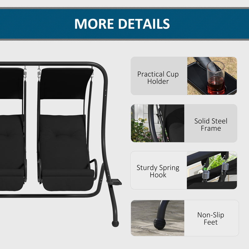 2 Seater Garden Swing Chair With Adjustable Canopy For Relaxing Outdoors Black