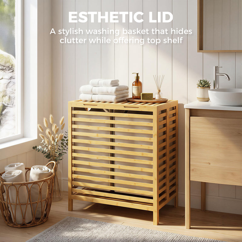 Double Laundry Basket With Removable Bags and Top Shelf for Easy Sorting Natural Bamboo Cream