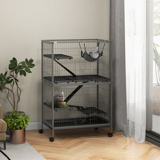 Small Animal Cage with Hammock and Removable Tray on Wheels for Chinchillas and Ferrets, Grey
