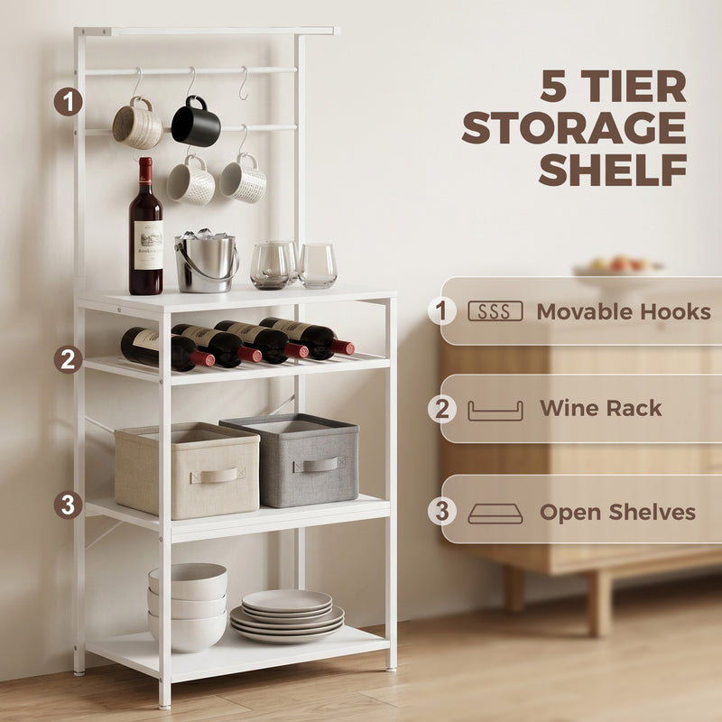 Kitchen Storage Shelf with Wine Rack and Hooks for Small Spaces White