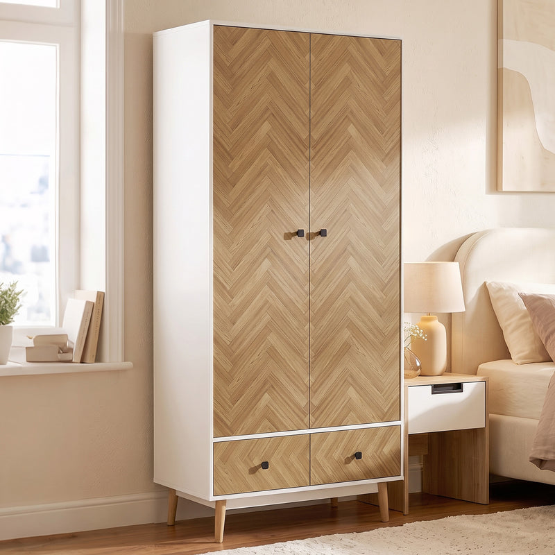Wardrobe with Hanging Rail and Drawers for Organised Bedroom Storage White and Natural Wood