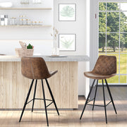 Set of 2 Vintage Bar Stools with Padded Quilted Seats and Footrest for Kitchen Brown