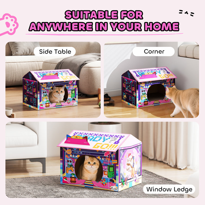 2 in 1 Cardboard Cat House With Scratching Board and Catnip For Indoor Play, Pink AOSOM