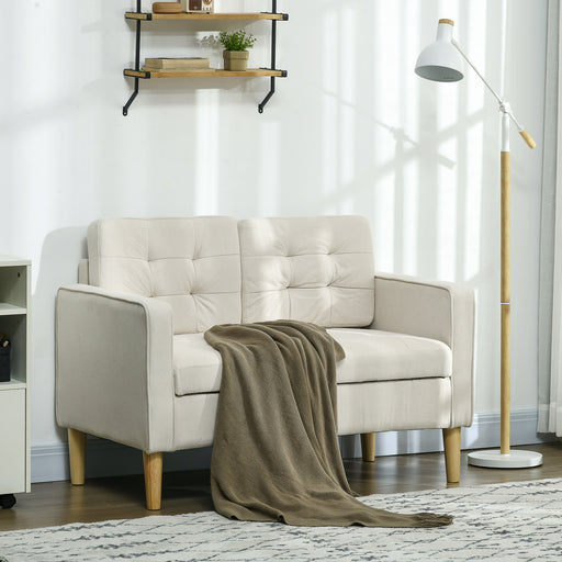 Compact 2 Seater Loveseat Sofa with Hidden Storage and Wood Legs for Small Spaces Cream White