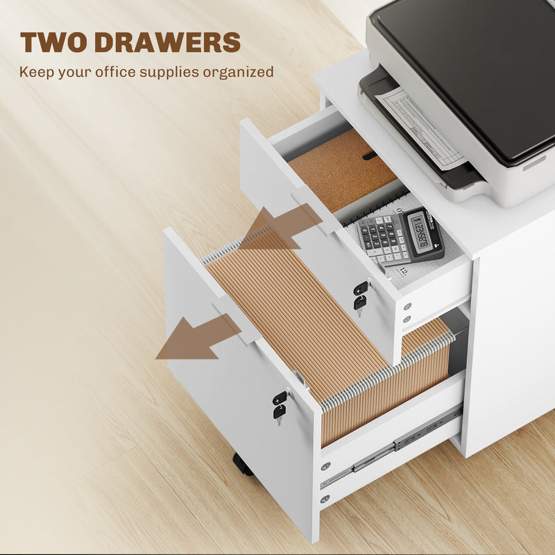 Lockable 2 Drawer Office Filing Cabinet with Wheels For Home or Office, 42W x 40D x 60H cm Homcom