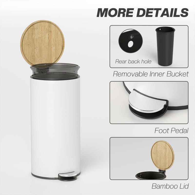 Kitchen Pedal Bin 30L with Soft Close Lid and Removable Liner for Easy Cleaning White Homcom