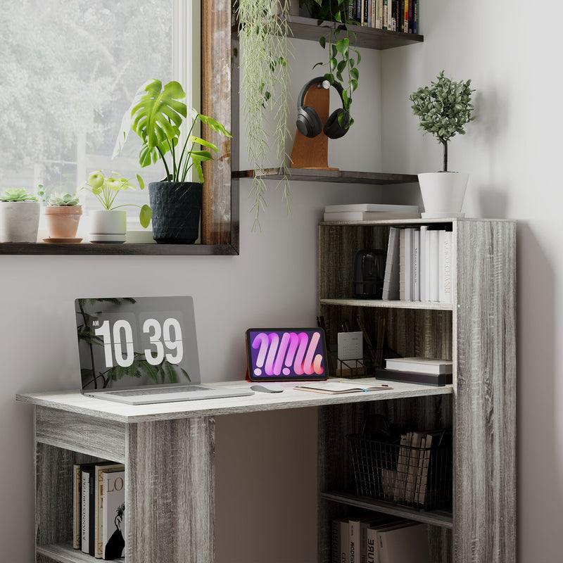 120cm Grey Computer Desk With Bookshelf 6 Shelves Home Office Workstation by HOMCOM