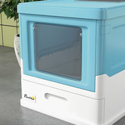 Light Blue Hooded Cat Litter Box with Scoop and Front Entry Portable Pet Toilet