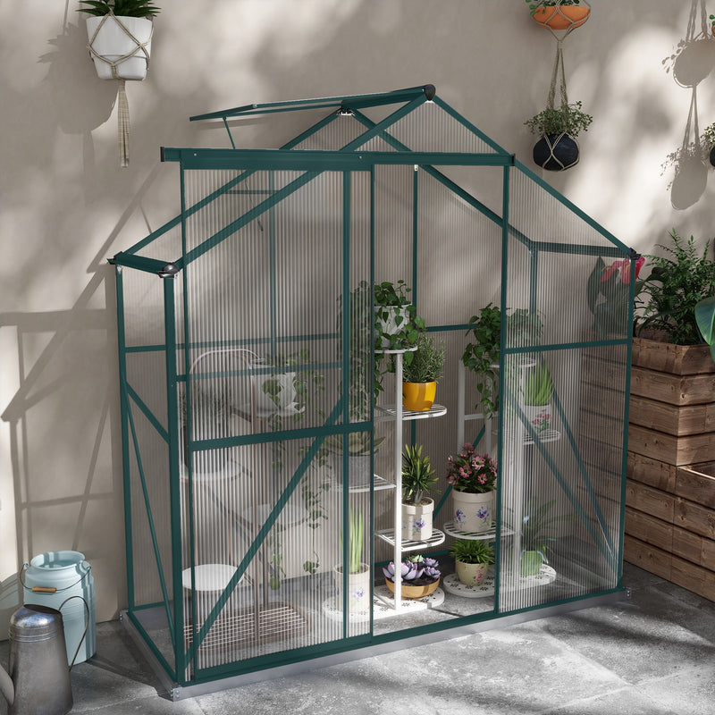 Walk In Polycarbonate Greenhouse With Sliding Door Rain Gutter And Base Frame Green