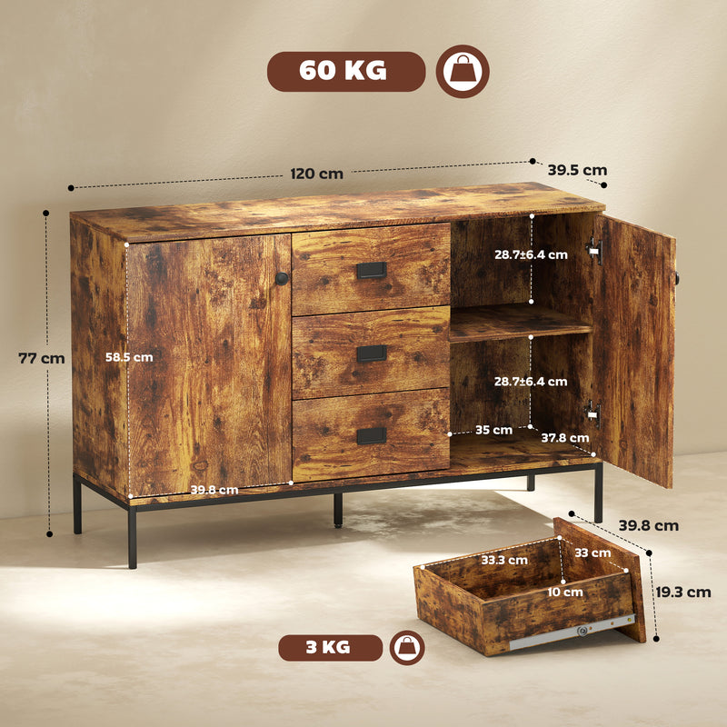 Sideboard with Adjustable Shelves and Drawers for Living Room Storage Rustic Brown