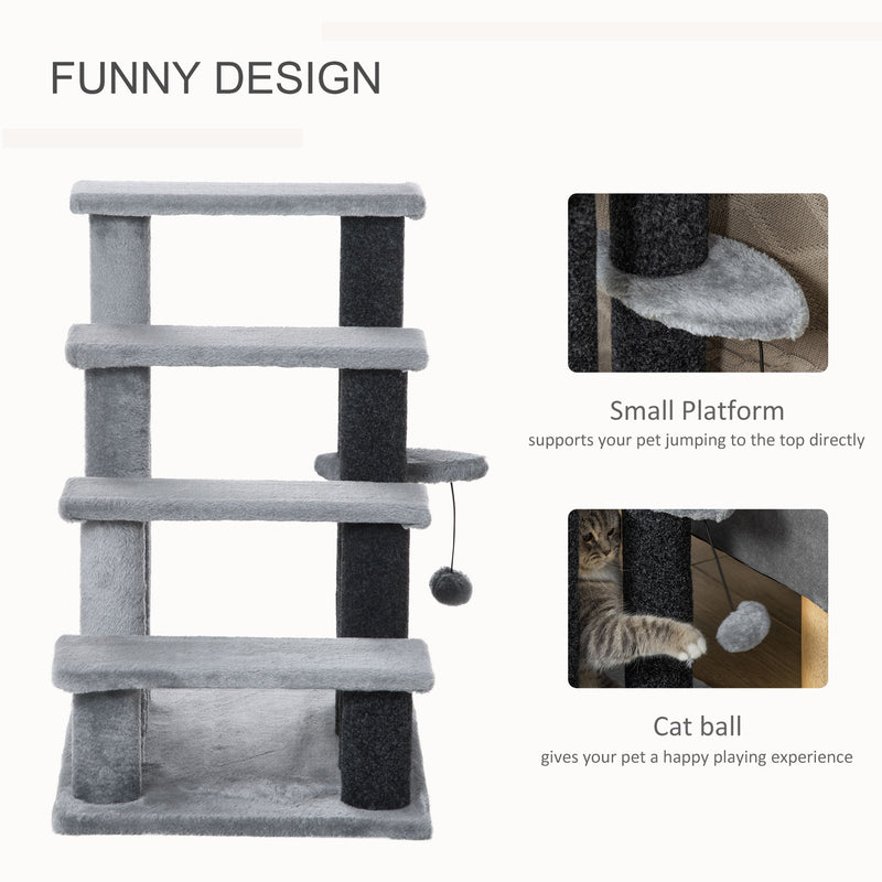4 Step Cat Stairs with Scratching Posts Platforms and Hanging Toy for Indoor Use, Grey