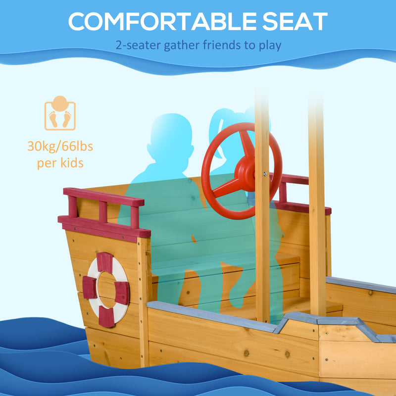 Wooden Pirate Ship Sandpit for Kids with Canopy Storage Bench and Liner Outdoor Play Brown