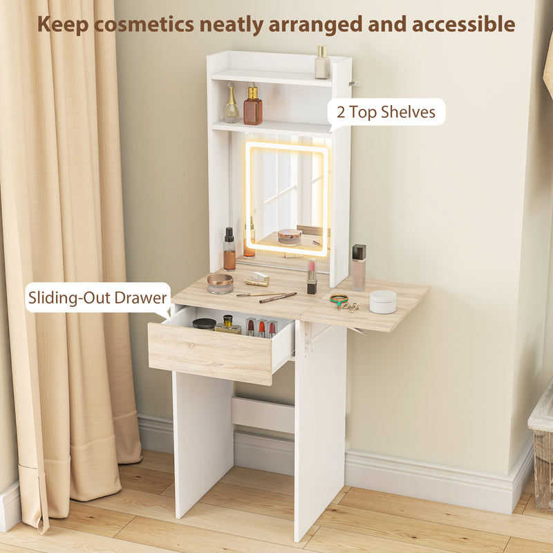 Dressing Table with Adjustable LED Mirror and Storage for Small Bedrooms White Wood Effect AOSOM