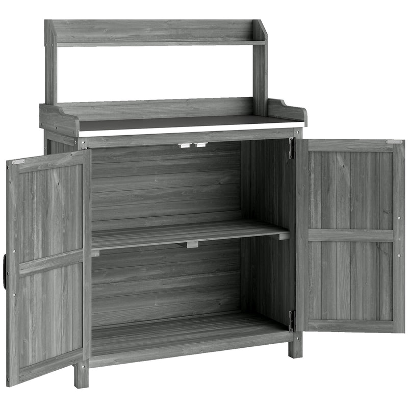 Grey Wooden Garden Potting Bench with Metal Worktop and Storage Cupboard for Outdoor Organisation