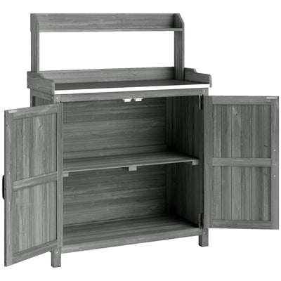 Grey Wooden Garden Potting Bench with Metal Worktop and Storage Cupboard for Outdoor Organisation Outsunny