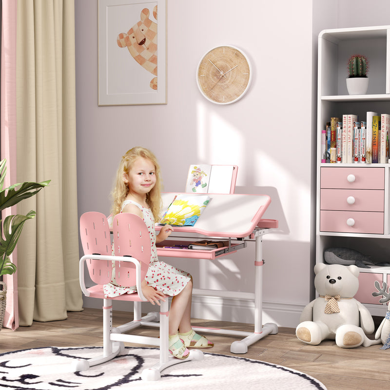 Pink Height Adjustable Kids Desk and Chair Set with Tilted Desktop by AIYAPLAY
