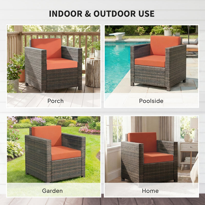 Rattan Garden Armchair With Cushion For Outdoor Relaxing Patio Seating Mixed Brown Orange Outsunny