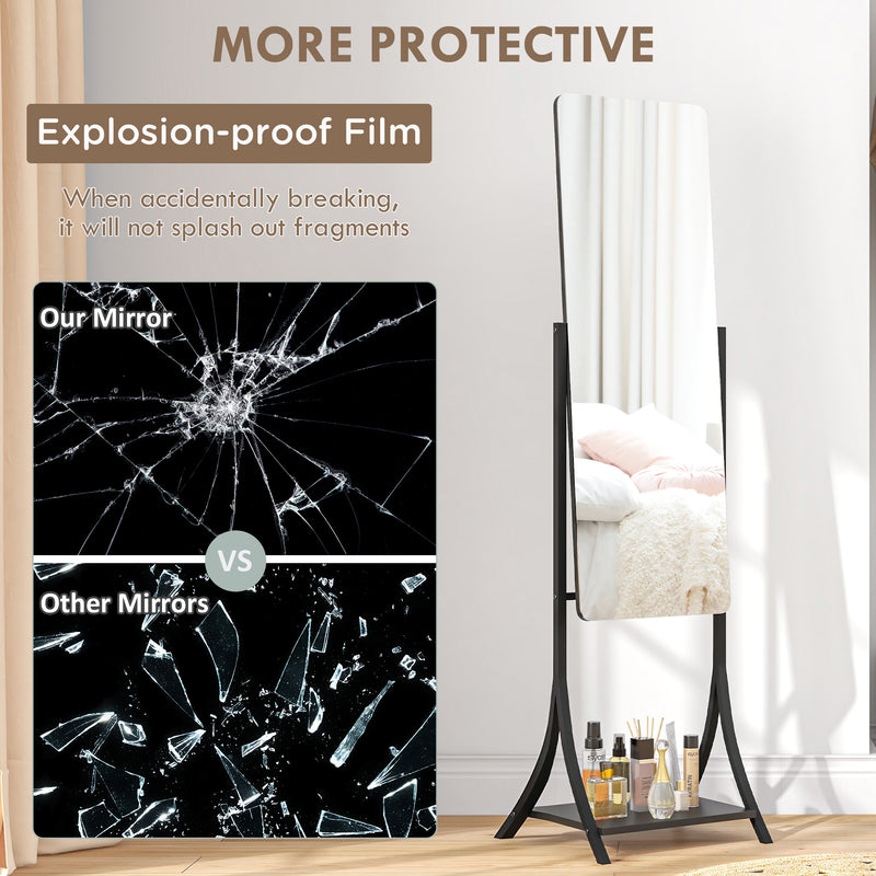 Full Length Freestanding Dressing Mirror With Adjustable Angle And Storage Shelf, Grey