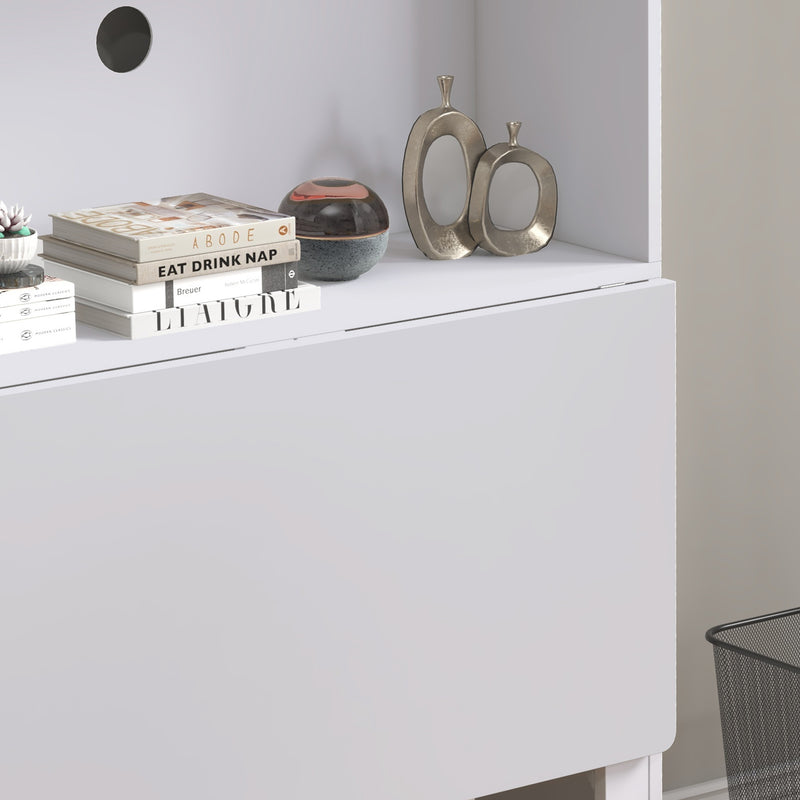 Folding Office Desk with Shelves and Wheels for Small Spaces White AOSOM