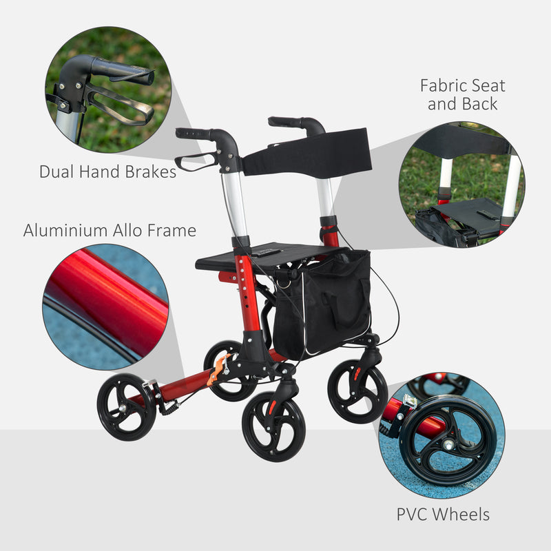 HOMCOM Folding Rollator Walker with 6 Adjustable Handle Height for People with Limited Mobility, Red