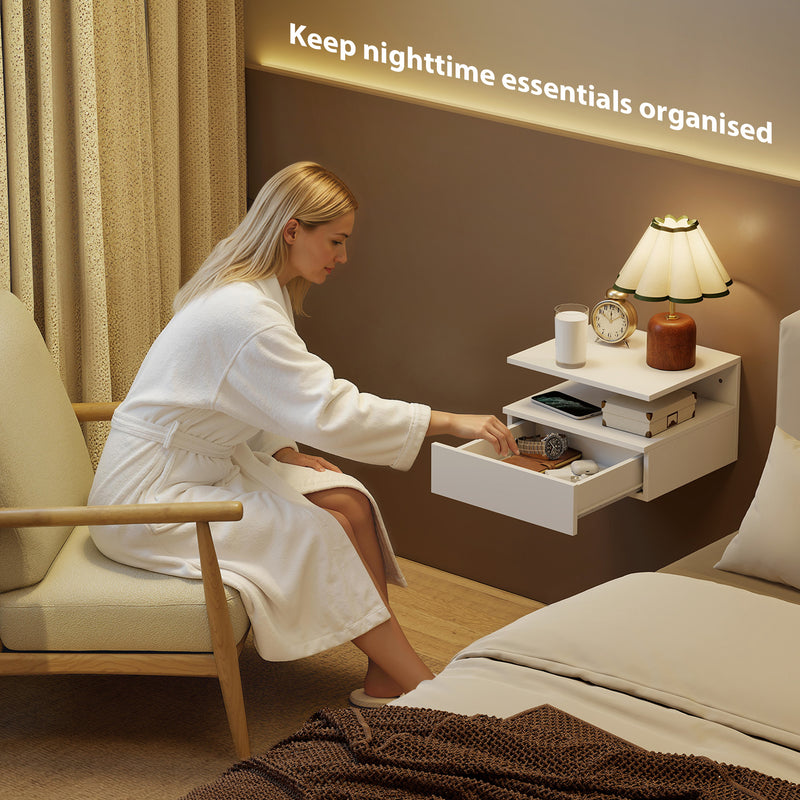 Floating Bedside Cabinets Set of 2 with Drawer and Shelf Space Saving Storage White AOSOM