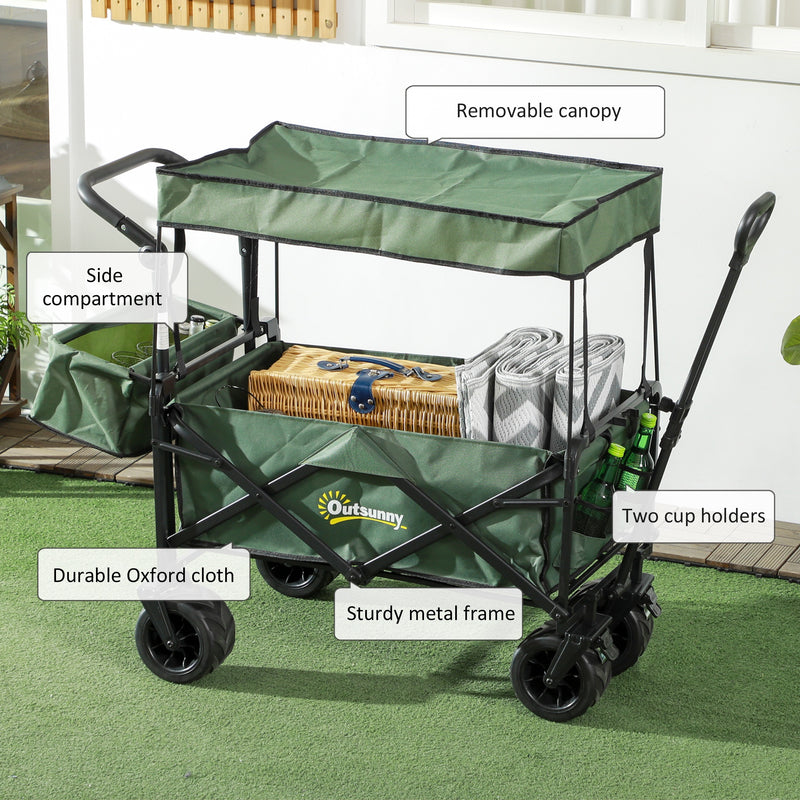 Green Folding Garden Trolley Cart With Canopy And Handle For Camping Or Beach Use