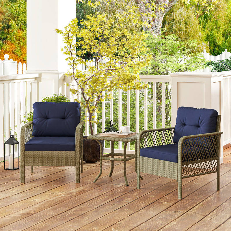 Charcoal Grey 3 Piece Rattan Bistro Set with Blue Cushions and Glass Table for Garden by Outsunny