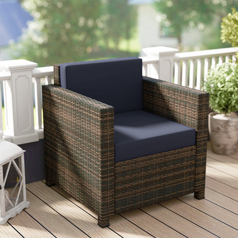 Rattan Garden Armchair With Thick Padded Cushion For Outdoor Relaxing Mixed Brown Navy Blue AOSOM