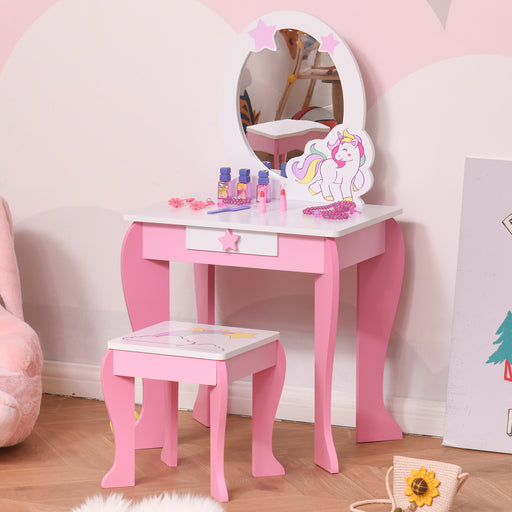 Kids Dressing Table Set with Mirror and Stool for Bedroom or Playroom, Pink
