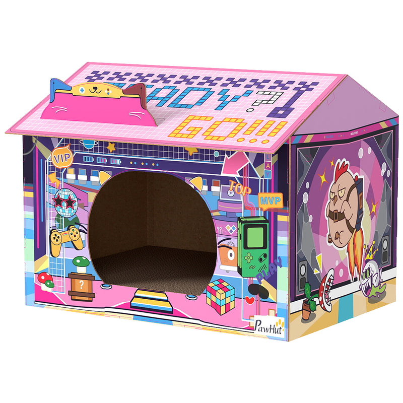 2 in 1 Cardboard Cat House With Scratching Board and Catnip For Indoor Play, Pink AOSOM